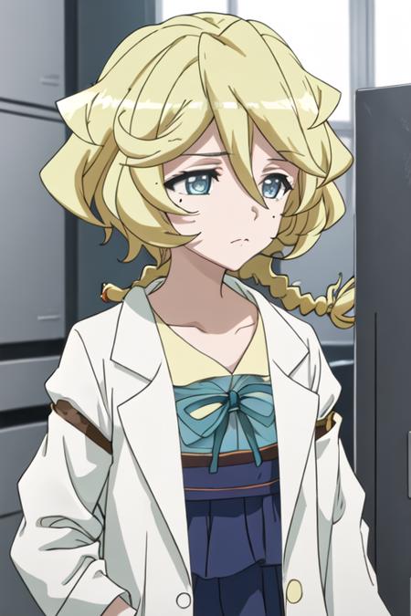 best quality, masterpiece, highres, solo, {carol_malus_dienheim_senkizesshousymphogear:1.15}, blonde_hair, blue_eyes, short_hair, mole, mole_under_eye, hair_between_eyes, upper_body, closed_mouth, shiny_hair, anime_coloring, shiny, 1girl, braid, braided_ponytail, collarbone, labcoat, open_mouth, bangs, indoors, portrait