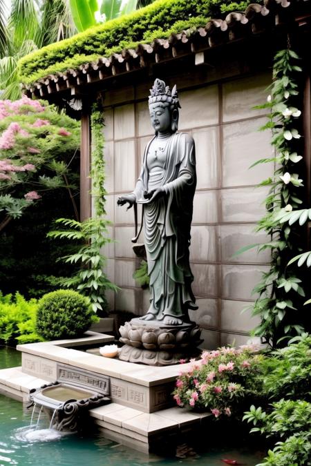 <lora:JJsChinese_Buddhist_Temple:0.4>, <lora:JJsBudha_Statue:.6>.  ((GuanYin statue)) ,standing, statue,soft lighting,solo, day light,lily,,water,flower, outdoor,(chinese buddish temple),tree,bush,lake, fountain,
((best quality)),((masterpiece)),((realistic)), , photorealistic, cenery,  real world location,  <lora:add_detail:.1>,