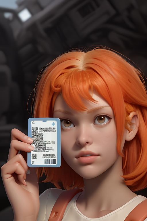 A computer generated image of a woman with orange hair holding a blue tag.