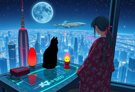 Jiji, the cat from Kiki's Delivery Service sits on a cluttered metal riveted desk with transparent top and rgb led computer components visible inside, On the desk are a maneki neko statue and a lava lamp, Jiji the Black Cat is looking out of a seamless and futuristic floor to ceiling window that looks out at a very high view from an apartment on the 400th floor of a futuristic Tokyo skyscraper, the year is 2250, The city has thousands of enormous wide and tall futuristic skyscrapers and space ships covered with lights in the sky, (((Kiki from Kiki's Delivery Service, 24 years old, is standing next to the cat looking out at the enormous city at night, filled with buildings of many shapes and sizes, some over a mile tall))), Kiki is dressed in an ornate Japanese style bath robe. An enormous deco starship with futuristic lighting and design is visible high above the city, and a space station is visible in the background among the stars, The woman's hair is messy from just waking up and tied up with a ribbon. Artistic cyberpunk, dynamic perspective, The focus is on Jiji and Kiki standing together looking out the window at the view together, (((overall architectural aesthetic is Art Deco Cyberpunk))).  Mt Fuji can be seen in the far distance,