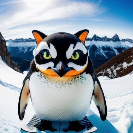 A photo of a cute hybrid of (penguin:1.3) and (cat:1.2)  that has penguin body and cat face jumps off a cliff on a (snowboard), wide angle view
god light, bold natural colors, wide angle view,  masterpiece, trending on artstation, photograph, award-winning, documentary, wildlife, 8k,realistic