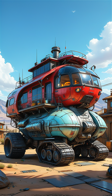 (cel-shading:2)+, (in ARTIST style:1.6), (masterpiece:1.7),  glow blue neon, hyperrealism, glossy, shinny, clear image, accurate picture, clear picture, precise image, focused image, Science fiction style, Science fiction, (cozy comfy Walking vehicle, Traction City, sky, no humans, cloud, outdoors, vehicle focus, , , scenery, day, military, Walking vehicle, Traction City, red black paint, house)
comic style, (ultra sharp focus:2), (thin lines:2), (best quality:1.8),
(masterpiece:1.8), (highest detailed:1.8), perfectly lighted, (contrast), (saturated), (((sharp focus))),
(hyperdetailed:1.3), (intricate details:1.2), (Refined details:1.3), (best quality:1.5), highly detailed textures, vibrant colors,
(ultra sharp focus:1.8), (detailed texture:1.8), (detailed edges:1.8), (thin lines:1.8), (best quality:1.8),
<lora:Apparatus_-_Traction_City_Walkers_Vehicles:0.8>,