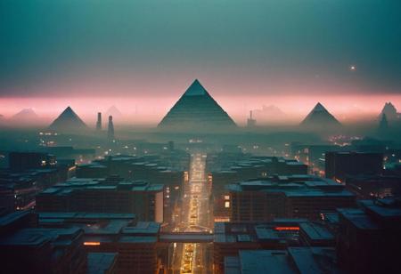 Ecumenopolis city scape, neon buildings sci-fi aesthetics, film photography style, a moody picture of Gas Giant alien landscape composed primarily of hydrogen and helium, with no solid surface and a thick atmosphere (with a pyramid with cornered tall statues in the background:1.2), cloudy weather, at dawn, dim lit, foggy, muted colors, hazy, vintage, analog style, Busy crowded city strret, City<lora:SDXL_FILM_PHOTOGRAPHY_STYLE_Alphav0.2:1>