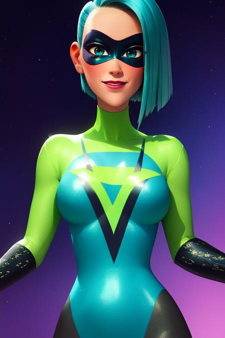 Voyd,blue hair ,dark skin,blue eyes ,short hair, lips, standing, upper body, blushing, smiling, 
VoySui, black domino mask multicolored ,bodysuit, boots, skin tight, green sleeves, 
teal background, portals,  stars,
(insanely detailed, beautiful detailed face, masterpiece, best quality) cinematic lighting,
 <lora:Voyd-10v3:0.8>