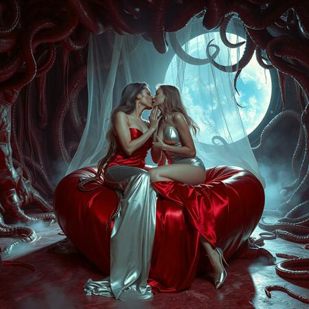 Two ladies, an evil powerful mature slender supermodel lady in a whorish red glossy satin camisole and a innocent weak young blonde bride in a silver foil fitted camisole, passionately kiss, entangled in long tentacles, on a glossy slime-covered giant heart-shaped bed, covered with giant ultrathin transparent slime veil, under streaming tentacles canopy, weird alien hive slime walls and fleshy floor, fog from the floor, giant portal to outer space at background,  reminiscent of H.R. Giger, Zdzisław Beksiński, and Ash Thorp's dark, sleek styles, with close-up glamour photography, glossy satin and silver heels glistening, fleshy slime dripping, and dark shadows.