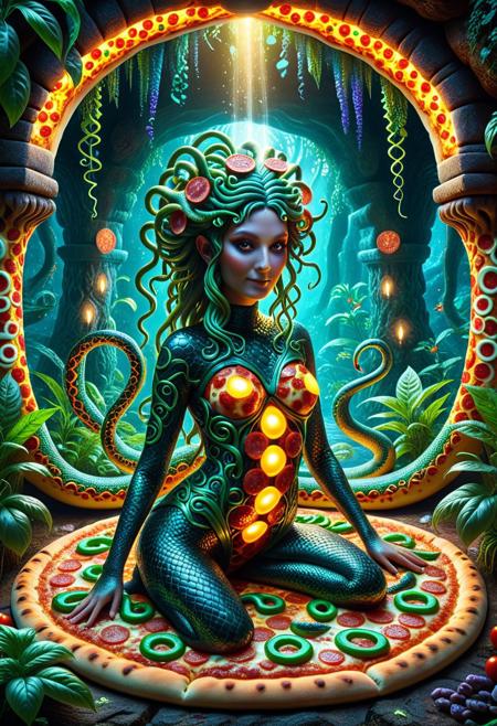 a  pizza medusa with wriggly snake hair  in a magical mythical setting, Cave whose walls are covered with shimmering plants, prismatic snakes, vibrant  surreal, whimsical, playful, intricate details, cinematic lighting, digital painting, trending on artstation, 8k, ultra-detailed, masterpiece, fantasy art,  mythical creatures,  magical atmosphere, ,<lora:SankeHairILL:1>, pizzasdx