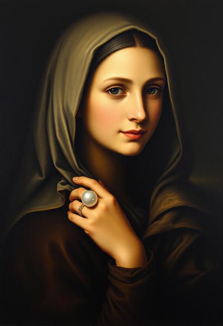 Long lost Leonardo da Vinci painting of a girl with a large pearl ring, dark black background, dramatic light, profie portrait, slight smile, enigmatic, head covered with scarf