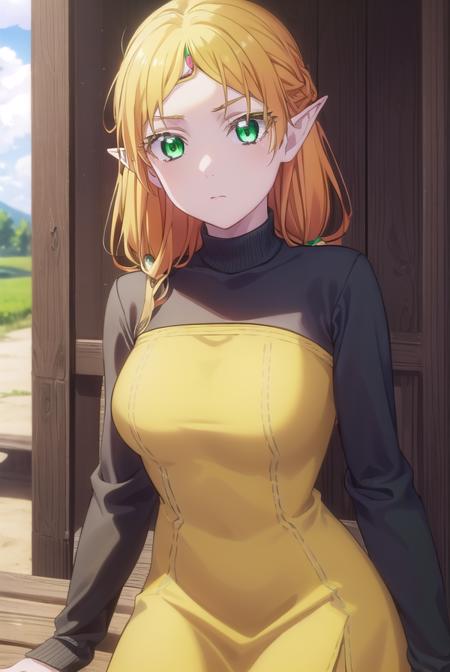 tsundereelf, <lora:tsundere elf s1-lora-nochekaiser:1>,
tsundere elf, long hair, blonde hair, (green eyes:1.5), pointy ears, elf, multicolored hair, forehead jewel,
BREAK long sleeves, turtleneck bodysuit, pantyhose, sweater, (black sweater:1.2), dress, (yellow dress:1.5),
BREAK outdoors, forest, nature, sun, sky, clouds,
BREAK looking at viewer, (cowboy shot:1.5),
BREAK <lyco:GoodHands-beta2:1>, (masterpiece:1.2), best quality, high resolution, unity 8k wallpaper, (illustration:0.8), (beautiful detailed eyes:1.6), extremely detailed face, perfect lighting, extremely detailed CG, (perfect hands, perfect anatomy),