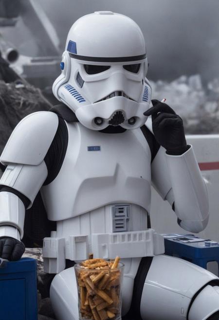image of an exhausted stromtrooper who has taken off his helmet and you can see his face, which is that of vladimir poutine, looking exhausted, smoking a cigarette while sitting on R2D2. In the background, you can see the Millennium Falcon burning.