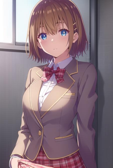 mizuhakiryuu, <lora:mizuha kiryuu s1-lora-nochekaiser:1>,
mizuha kiryuu, short hair, blue eyes, brown hair, hair ornament, hairclip,
BREAK skirt, bow, school uniform, jacket, plaid, plaid skirt, blazer,
BREAK indoors, classroom,
BREAK looking at viewer,
BREAK <lyco:GoodHands-beta2:1>, (masterpiece:1.2), best quality, high resolution, unity 8k wallpaper, (illustration:0.8), (beautiful detailed eyes:1.6), extremely detailed face, perfect lighting, extremely detailed CG, (perfect hands, perfect anatomy),