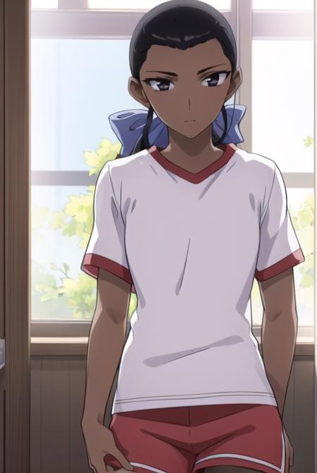 lala gonzalez, black hair, bow, hair bow, dark skin, (black eyes:1.3), (dark-skinned female:1.2), antenna hair, shirt, shorts, gym uniform, red shorts,