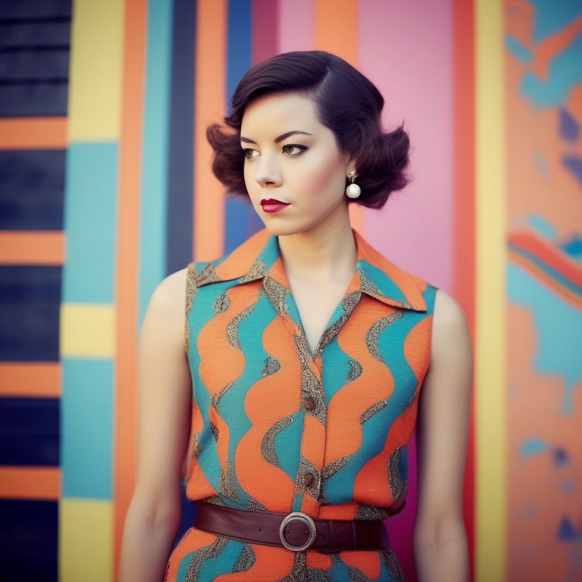 aubreyplaza A captivating image of a woman wearing a vintage-inspired outfit, reminiscent of the fifties or sixties. The w...