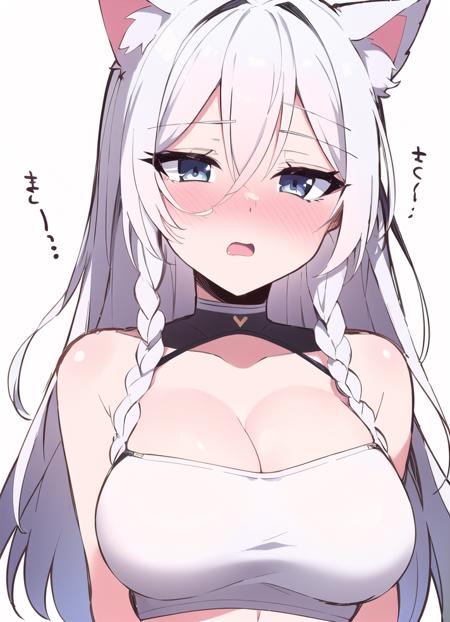 naked girl, white hair, braids, fang, gradient eyes, midriff, perfect skin, perfect lighting, simple white background, bedroom_eyes, cat_ears, :o, hair between eyes, loose fitting crop top, sleeveless, sketch lines, drawing, blush, heavy nose blush, expressive eyes, blush lines, line art, cleavage, 
 <lora:homebrew_ramune777:0.9>