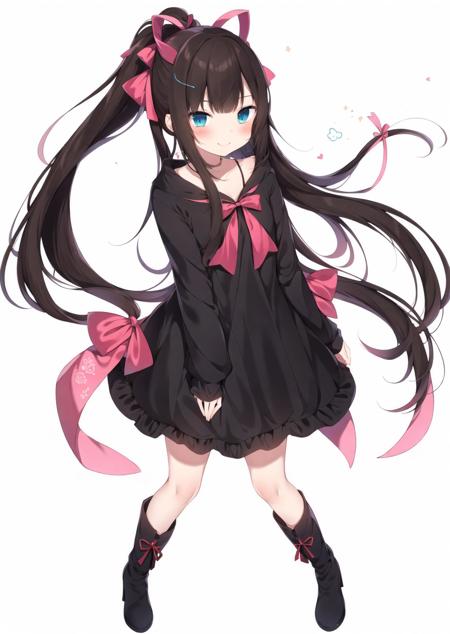 1girl, takimoto hifumi, solo, blue eyes, long hair, brown hair, floating hair, white background, collarbone, black footwear, looking at viewer, ribbon, pink dress, dress, very long hair, hair ribbon, red bow, red ribbon, hair bow, simple background, bow, boots, long sleeves, blunt bangs, bangs, full body, ponytail, blush, smile, shirt

<lora:amaki_natsuki-loha-v1.0:0.7>, (masterpiece,best quality)