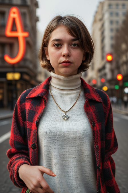 SnailMail, (upper body, woman with a necklace with a neon sign in the background, ((plaid wool jacket, turtleneck, statement jewelry)), makeup, character album cover, psychedelia style, joy, promotional photoshoot, Vogue magazine cover style, promotional render, center parted curtain bangs), Paris street background