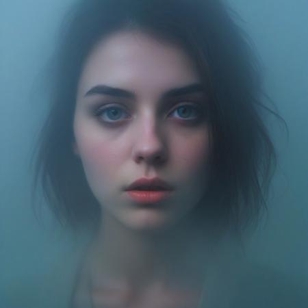 Beautiful Young woman, 20 years old, cute face, dispassionate , moody, hazy, foggy, neon lights break through the dense fog, artsy, pop album cover shot, graphic design background, close up on woman's face