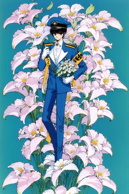 Subaru Sumeragi, solo, flower, gloves, white flower, hat, white gloves, black hair, holding, 1boy, blue headwear, male focus, pants, white footwear, long sleeves, armband, lily (flower), blue background, short hair, boots, looking at viewer, shirt, uniform, holding flower, standing, full body, retro artstyle, bouquet, pillarboxed, collared shirt, bangs, blue pants, <lora:Tokyo Babylon:0.8>,