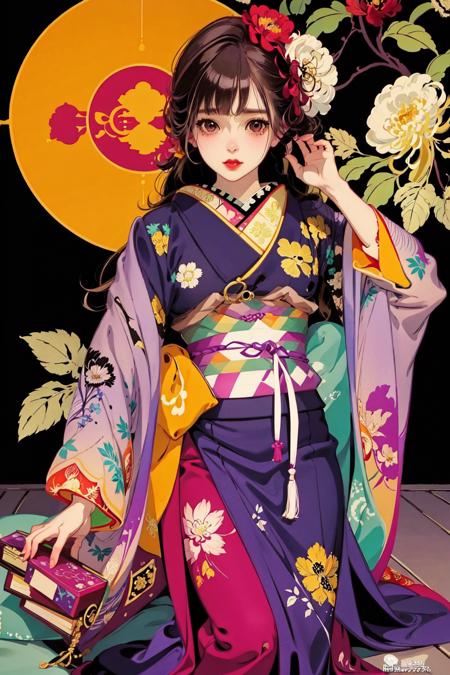 1girl, solo, long hair, looking at viewer, brown hair, black hair, long sleeves, brown eyes, upper body, flower, japanese clothes, hand up, wide sleeves, kimono, mole, cup, sash, mole under eye, makeup, obi, floral print, lipstick, drinking glass, hand in own hair, yellow flower, red lips, print kimono, purple kimono, obijime, obiage, chrysanthemum,
 <lora:matsuo:1>