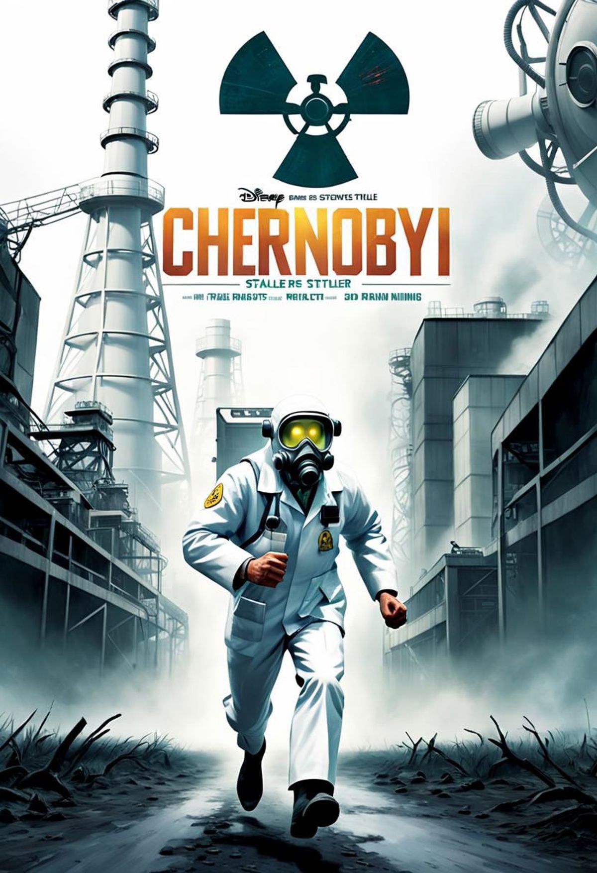 A poster of a man in a gas mask running in a chemical plant.