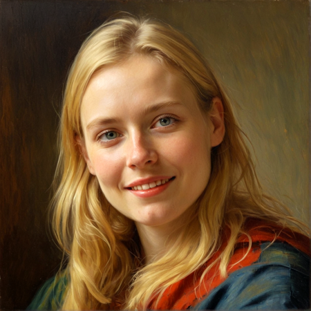 Classical oil painting,  is a close-up portrait of a young woman with blonde hair. She is smiling and looking directly at the camera. She appears to be in her late twenties or early thirties. Her hair is styled in loose waves and falls over her shoulders. She has a slight smile on her lips and her eyes are bright and full of life. The background is blurred, so the focus is on the woman's face. She looks confident and relaxed.Caravaggio Vermeer Blake Sargent Turner Lautrec Degas Monet Manet Cassat Morisot Münter Kollwitz Malfatti Werefkin chiaroscuro Schjerfbeck,bold colours deep shadows, red blue green yellow brown black, dark thick inky shadows, reflected light subsurface scattering