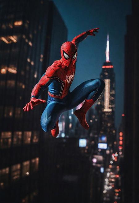 Portrait face Solo spiderman flying in new york , photograph ,pale beautiful photo, ultra detailedspiderman suit , night time, cinematic composition,  cinematic filtering