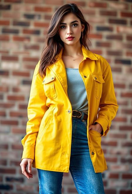 (stylish woman:1.2), modern outfit, (yellow jacket:1.3), (blue jeans:1.2), belt with chain detail, casual fashion, (brick wall background:1.1), standing pose, (confident expression:1.2), photorealism, cinematic lighting, subtle shadows, (detailed fabric texture:1.3), urban setting, soft focus, (natural light:1.2), realistic proportions, (relaxed posture:1.1), (high-quality details), (natural skin texture:1.2), slightly tousled hair, (mutated fingers:-1.4), (distorted anatomy:-1.3), (blurry:-1.2), (unnatural joints:-1.2), (overexposed lighting:-1.1), (floating limbs:-1.3), (low detail:-1.2), (flat fabric texture:-1.1), (low-quality proportions:-1.3), (unrealistic face structure:-1.2)