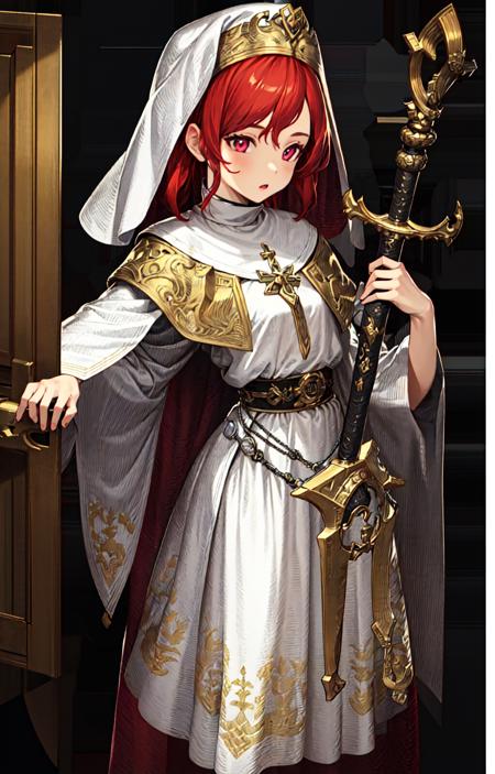 1girl,masterpiece,best quality,ultra-detailed,very detailed illustrations,extremely detailed,intricate details,highres,super complex details,extremely detailed 8k cg wallpaper,red hair,priest outfit,small breasts,holding sword<lora:BrownDustLoRA:0.8>