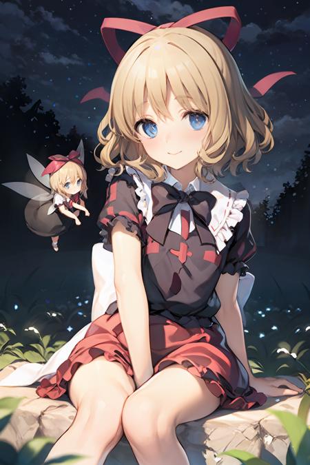 masterpiece, best quality, <lora:medicine:1>, <lora:style01:1>,blonde hair, su-san, blue eyes, 1girl, lily of the valley, flower, smile, ribbon, hair ribbon, bow, short hair, skirt, wings, short sleeves, sitting, shirt, looking at viewer, puffy sleeves, v arms, fairy wings, blush, solo, sky, puffy short sleeves, night, hair bow, bowtie, doll, star (sky), dress, bubble skirt, night sky, flower field, starry sky