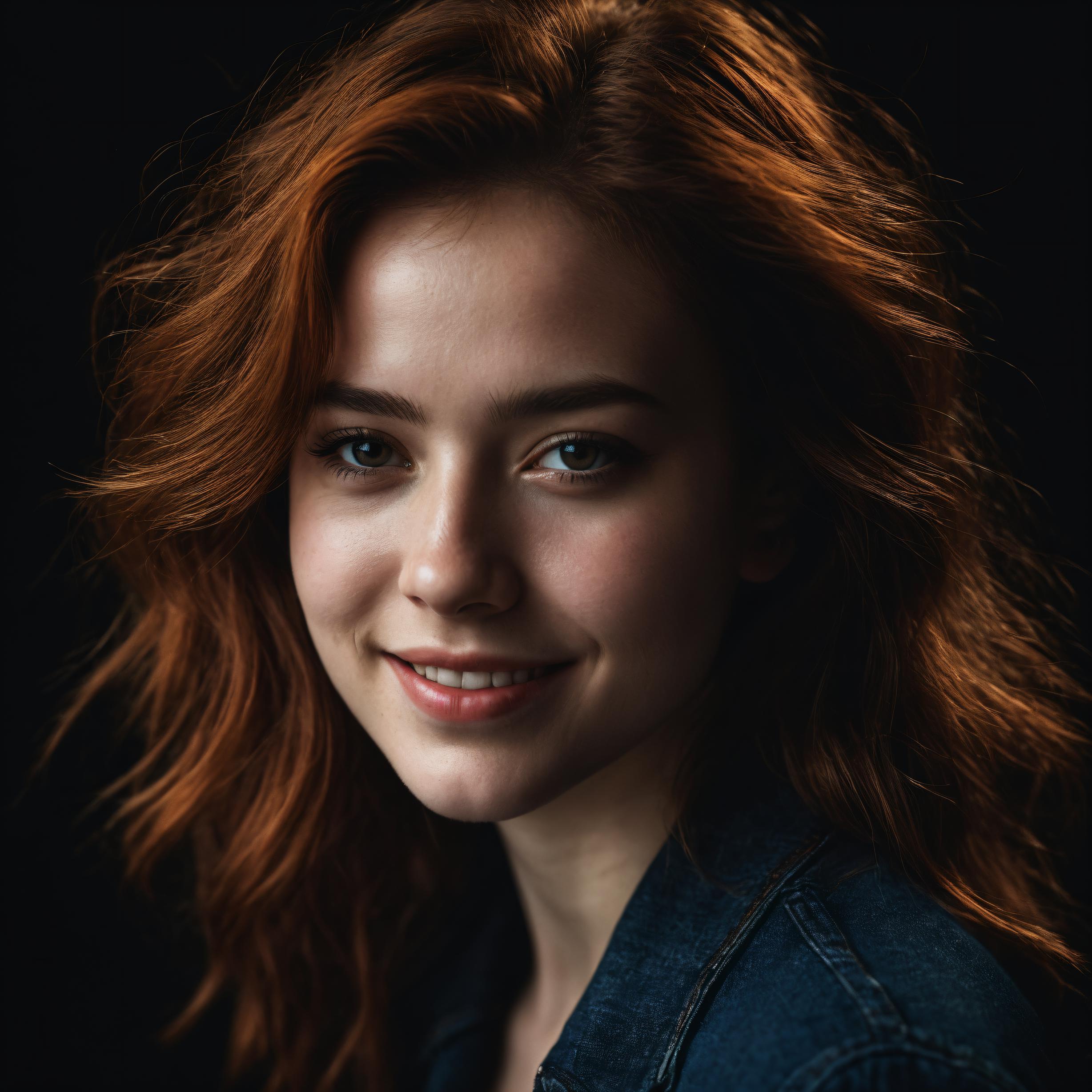 photoshoot, black background. (close-up, editorial photograph of a 21 year old woman), (highly detailed face:1.4) (smile:0...