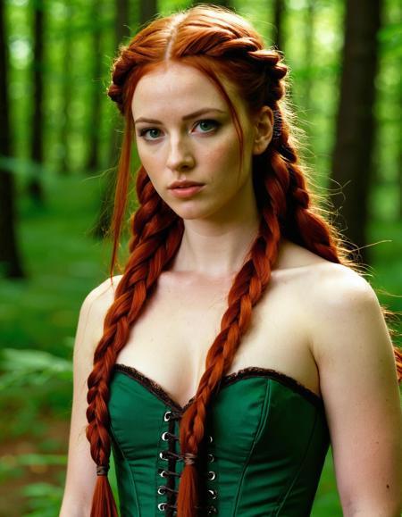 A digital illustration shoot from a portrait camera angle about a portrait of a young woman with long red hair styled in two braids, wearing a green dress with a corset. the image also shows a serene and slightly melancholic atmosphere. on the middle of the image, a 20-year-old woman appears to be looking at the viewer, with a serious expression, and freckles on her face. she has green eyes, and her hair is styled in twin braids. her hair color is red hair, and she has a slim body. she is wearing a low-cut green dress that reveals her cleavage, and has a brown corset on her upper body. the background is a soft, blurred forest with hints of autumn leaves, giving the image a dreamy and ethereal feel.