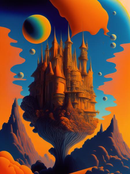 <lora:AngusMcKie:1>orange technicolor surreal castles against clear indigo sky, dr seuss surrealism, early computer cgi, oil painting