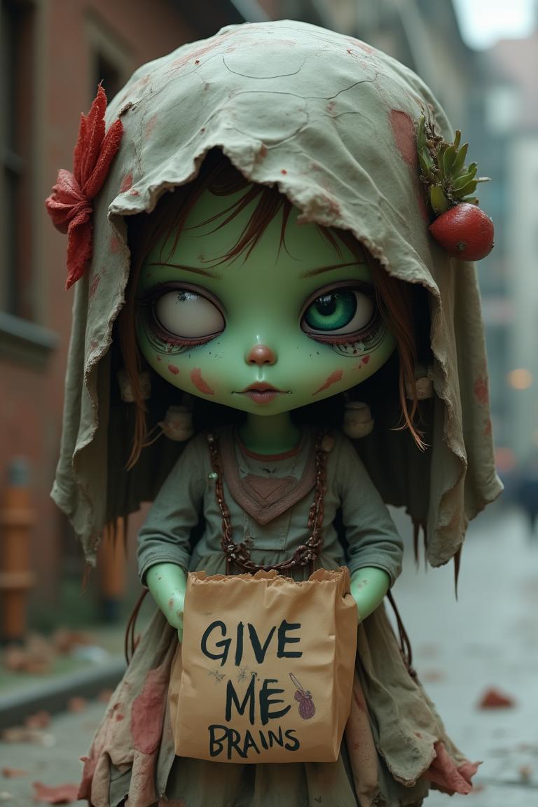 cute zombie girl, green skin one eye hanging out of socket, chibi, holding a paper bag with 'GIVE ME BRAINS" written in messy handwriting