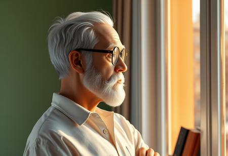 A highly detailed, semi-realistic 3D digital illustration, side, full body view of a dignified and wise writer standing next to a window, looking outside and contemplating. His short white hair is combed back from his forehead, revealing a slightly receding hairline. A neatly groomed white beard, sideburns, and mustache frame his chiseled, narrow face with a strong jawline and prominent cheekbones. Thick, arched eyebrows sit above round, black-framed glasses on his sharp, narrow nose. His pale, healthy skin shows fine lines that reflect his experiences, with a slight rosiness in his cheeks. He wears a cozy, informal white shirt, adding to the serene atmosphere of the room, bathed in the golden hour light. The reflective mood, walls painted in light green.
