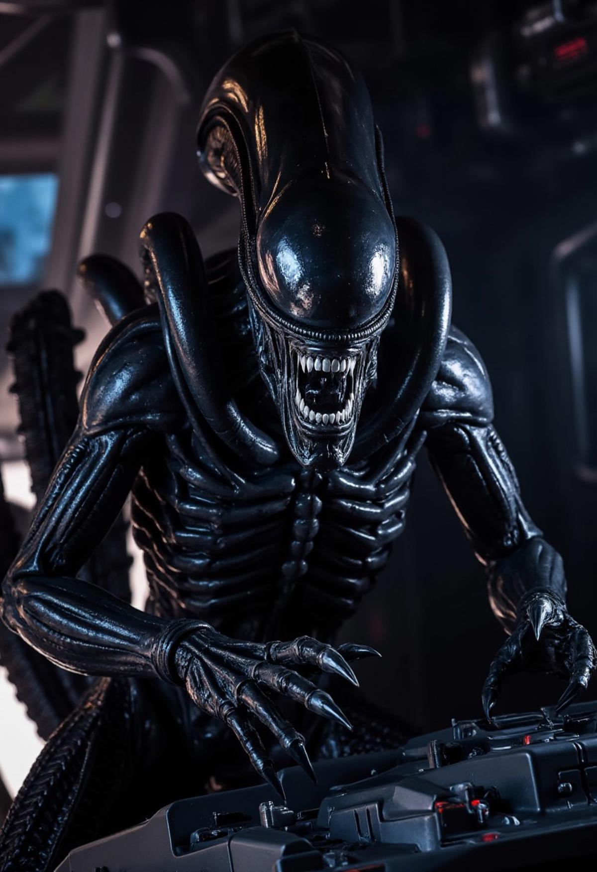 In the cockpit of a starfighter, a xenomorph sits aggressively poised, both clawed hands gripping the joysticks with fierce intensity. It wears a pair of sleek, reflective shooting glasses perched incongruously on its elongated, eyeless head, adding an air of cool menace. The creature's mouth is open in a silent, savage roar, showcasing its razor-sharp teeth and deadly inner jaw. The cockpit is dimly illuminated by the glow of control panels, casting sharp shadows on the xenomorph’s shiny black exoskeleton. The combination of the glasses and its ferocious posture creates a striking image of a cool, yet terrifying, pilot ready for battle.