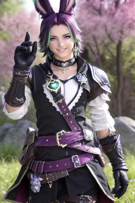 Khitli Viera,  solo,  looking at viewer,  smile,  short hair,  violet hair,  gloves,  1boy,  animal ears,  heterochromia,  green eyes,  jewelry,  purple eyes,  weapon,  male focus,  heart,  earrings,  outdoors,  green hair,  black gloves,  belt,  hand up,  rabbit ears,  blurry background,  facial mark,  floating hearts,  viera, <lora:EMS-44604-EMS:0.600000>