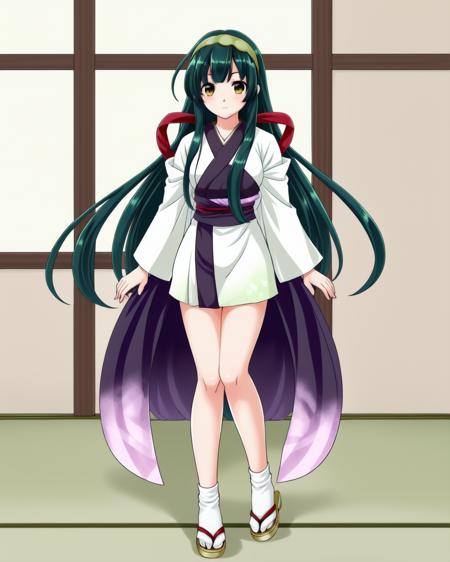 <lora:Zunko_v3:0.5>, 1girl, green_hair, green_hairband, japanese_clothes, muneate, sandals, sash, touhoku zunko, red_tasuki, black_breastplate, indoors