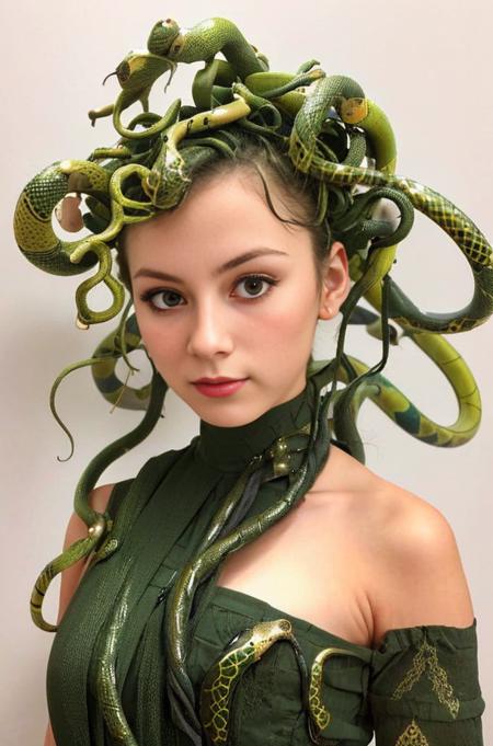 MedusaHead, camera photo, <lora:MedusaHead:0.85>, masterpiece, best quality, 1girl, solo, beautiful face,  ((sfw)), masterpiece, best quality, camera photo, realistic, ultra-detailed, detailed skin, Japanese girl, green snake hair