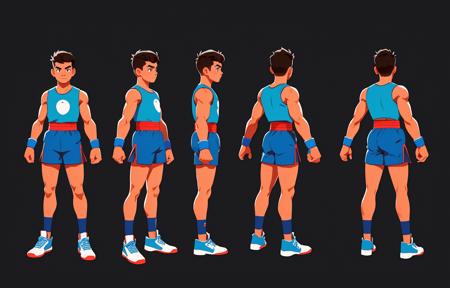 Rear view, front view, side view, multi-view, concept art, hand drawn, game character design, one boy (best quality, masterpiece, super detail: 1.2), SFBalrog, boxing gloves, blue sleeveless t-shirt, blue shorts, detailed eyes, best quality, masterpiece, high resolution, perfect picture, highly detailed, high contrast, digital colors, bright colors, perfect face, look, boxer, full body, standing