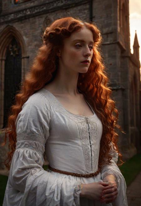 Pre-raphaelite portrait, photo by Dante Gabriel Rossetti, masterpiece, exquisite chiaroscuro lighting and composition, 8k, very detailed, high resolution, Welsh woman with long curly red hair, simple white attire, outside a medieval church, London, sunset, illustration, artstation, concept art, smooth, sharp focus, award winning work