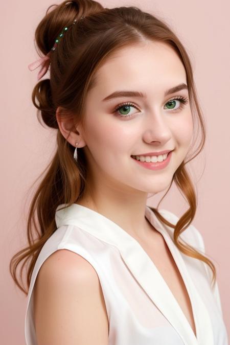 HD, perfect quality, 16k, very detailed,  a beautiful 21yo college girl with ginger hair in a bun, pale skin, wearing a toga, pink fleckes, green eyes, slim, detailed skin, hair behind ear, eyeshadow, smiling proudly, standing in front of pink background