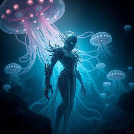 (Ultra-realistic, 32k, Masterpiece, High Quality, Detailed Realistic Background, Official Art, Realistic Lighting).
"Dark, cinematic lighting enhances the eerie atmosphere, capturing the tension and ethereal beauty of the Cryoquatic warrior in this alien underwater realm. The intricate details of the jellyfish-inspired metal cities, bioluminescent light trails, and the warrior’s armor make the scene immersive and otherworldly. The soft glow from the tentacles and floating city lights creates a sense of depth, as the Cryoquatic’s glowing form contrasts against the infinite darkness of the deep ocean beneath Europa’s icy surface."