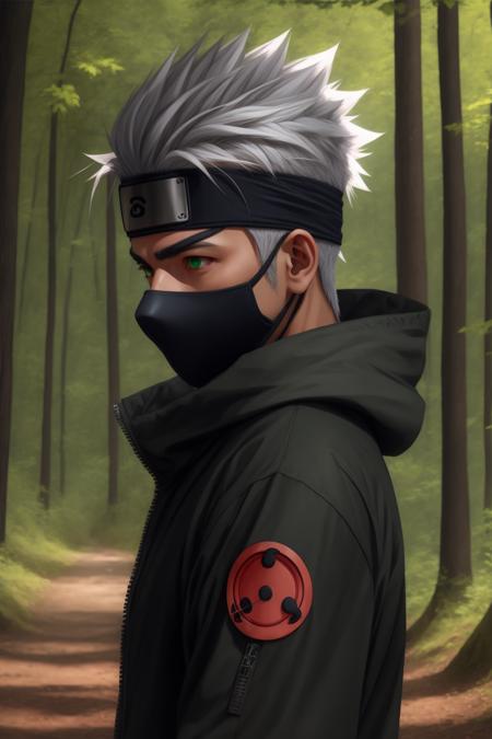 masterpiece, best quality,kakashi, sharingan,1boy, male focus, forehead protector, mask, konohagakure symbol, electricity, solo, mouth mask, outdoors, green eyes, looking at viewer, hood, forest, hood down, nature, spiked hair, tree, ninja, long sleeves, upper body, ninja mask, from side, grey hair, jacket, black headband, zipper, glowing