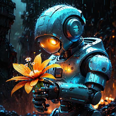 <(photo of sad tiny robot holding a glowing flower in hands, looking far, end of the world, apocalypse, dark fantasy, smooth, raining day):1.0>,
<(detailed realistic painting, deep color, fantastical, intricate detail, splash screen, complementary colors, fantasy concept art, 8k resolution):0.9>,
<lora:add-detail-xl:0.5>,
<lora:xl_more_art-full_v1:1>