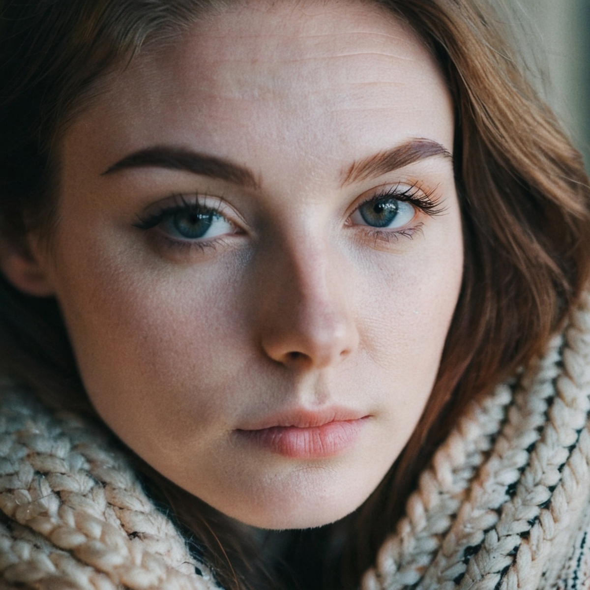 A young woman with big blue eyes and brown hair wearing a knitted scarf.