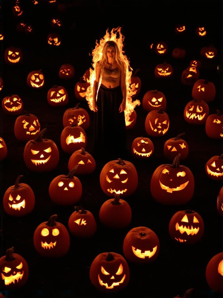 iph0ne, Top-down view of the Pumpkin Goddess, standing triumphantly in the middle of a glowing pumpkin army, each minion lit from within by a fiery, magical flame. Their mischievous, glowing faces cast a flickering light across the scene, creating a dance of shadows. The Goddess herself stands tall, her fiery hair flowing like flames, with a menacing yet captivating aura. The pumpkins pulse with energy as though waiting for her next command, creating an atmosphere of power, magic, and Halloween mischief.

