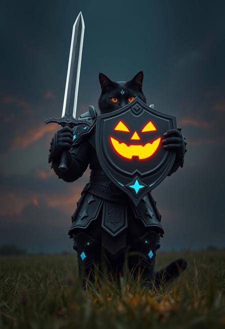 ,A video from a front camera angle about a muscular black cat warrior clad in dark armor holding a glowing shield with a jack-o-lantern face. the video also shows a glowing sword and a glowing helmet.  a 1cat warrior appears to be standing, facing the viewer, looking at them, with its orange eyes. the cat warrior is wearing heavy metal armor, including pauldrons, breastplate, and shoulder armor, and has a blue gem on its forehead. the warrior is holding a sword in one hand and a shield in the other, with a glowing, glowing face on the shield. the background is a dark, smoky sky with a gradient of blue and brown tones, and the video is set in a grassy field.                                  \u13                    ,    The cat warrior raises the shield high, the camera tilts slightly upward to emphasize the glowing jack-o-lantern face.,    ,          remixOf: