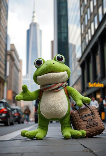 A soft cute , wise and cheerful stuffed frog named Freddy, happily arrives downtown in a big city looking for fun adventure with fozzy bear
