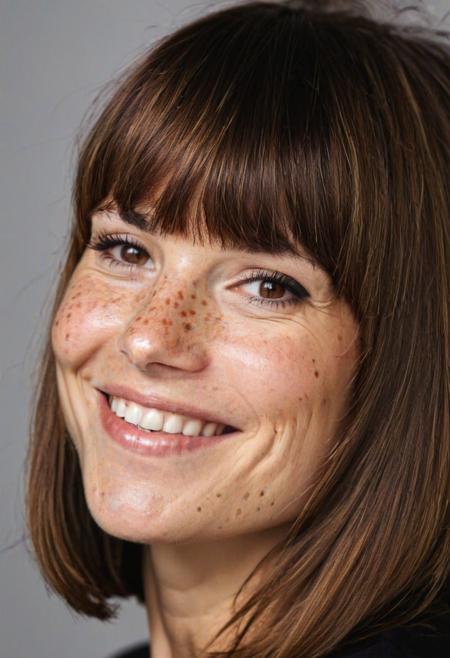beautiful lady, 40years old, (freckles), big smile, brown hazel eyes, Full Bangs, hair clips, dark makeup, hyperdetailed photography, Aquiline nose,soft light, head and shoulders portrait, looking on side