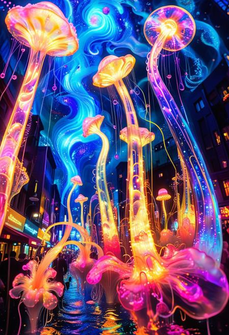 A surreal cityscape where buildings melt and morph into liquid neon structures, their facades shifting between fractal patterns and glowing organic textures. The streets pulse with swirling waves of electric blue, magenta, and iridescent gold, forming a living river of light. Floating jellyfish made of translucent glass drift above, their tendrils weaving through the air like threads of luminous silk. Giant, kaleidoscopic eyes blink from the walls, their irises swirling like galaxies. The sky warps and twists, shifting between celestial vortexes and cosmic storms, creating a dreamlike chaos that never stops moving. psychadelic, PsychadelicChaos