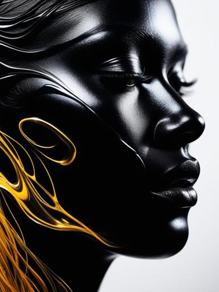 A mesmerizing close-up illustration depicts a woman metamorphosed by enigmatic forces from black liquid oil, showcasing smooth lines and an exquisite interplay of light and shadow. This fantastically bright creation, while seemingly simple, holds intricate layers of meaning. The artwork captivates with its intricate beauty, emphasizing minute elements, and as the light gracefully falls, it crafts an even more captivating image. High-quality detailing and finesse are evident throughout, creating a truly enchanting piece.